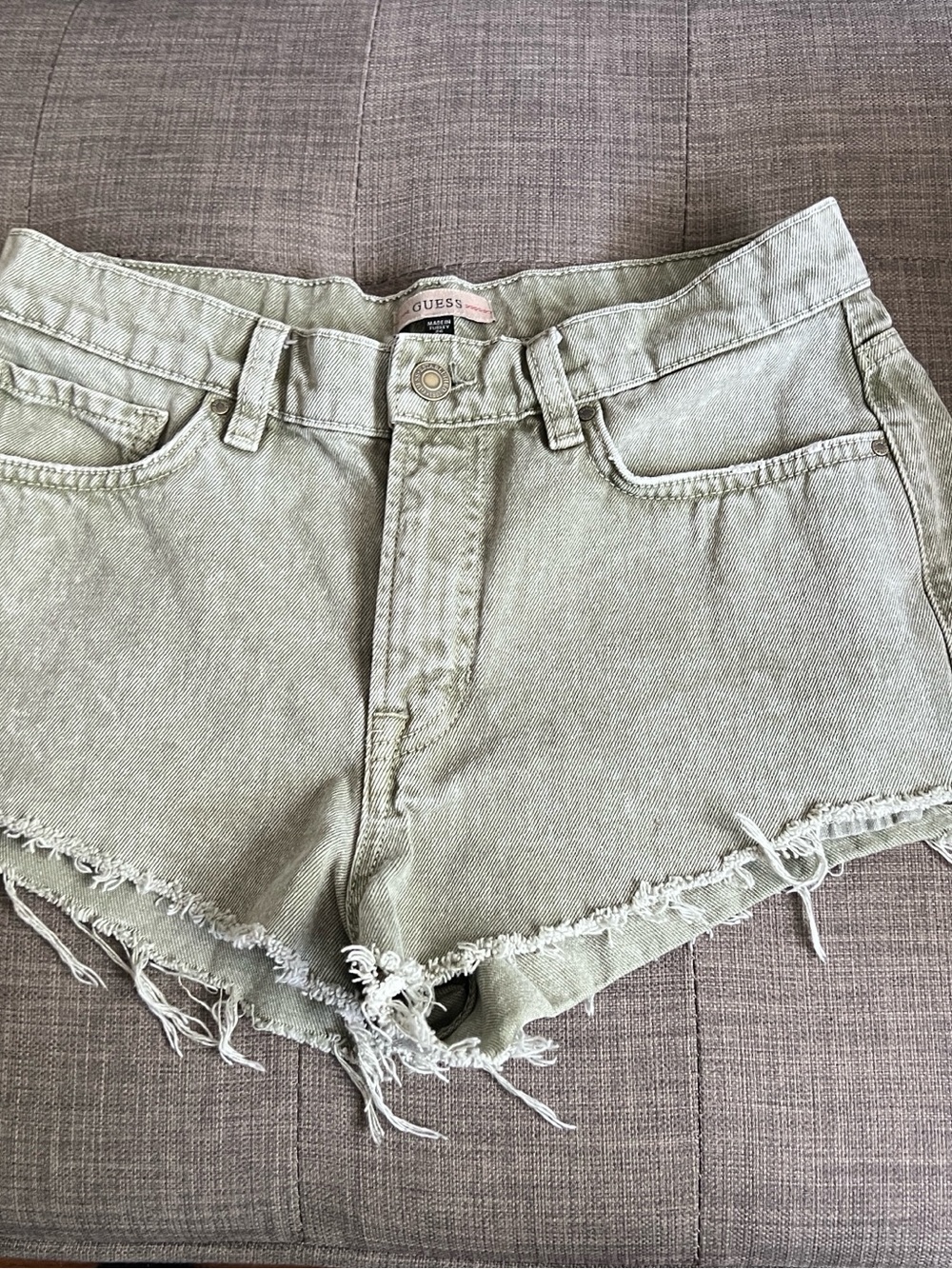 GUESS Light Olive Green Distressed Denim Cutoff Shorts